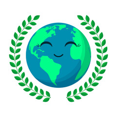 Vector illustration of cute Earth cartoon with laurel wreath on transparent background