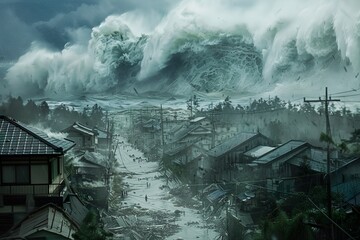 Digital art of a massive tsunami wave crashing over a coastal town captures the catastrophic power of natural disasters. - obrazy, fototapety, plakaty