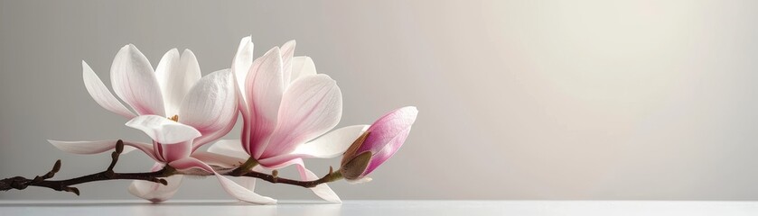 Create a Mother's Day greeting with a single, minimalistic magnolia, bright and elegant on an isolated background with space for text