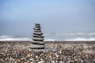 Zenlike rock stack on the beach at Pacific Coast, Oregon
