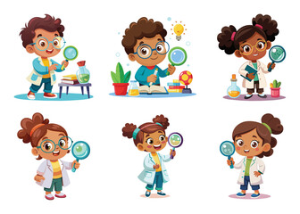 Little scientist chemist exploring with magnifying glasses, vector cartoon illustration.