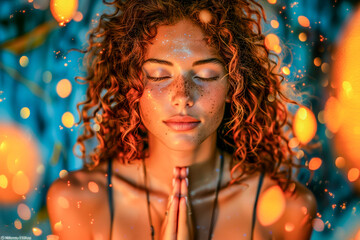Young Woman in Devotional Meditation with Sparkling Lights