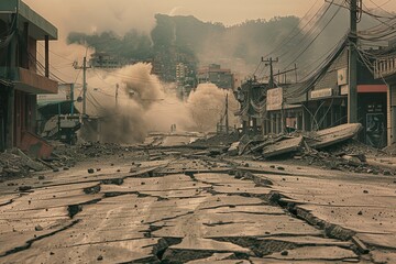 A street scene immediately after an earthquake, with cracked roads and collapsed buildings.   