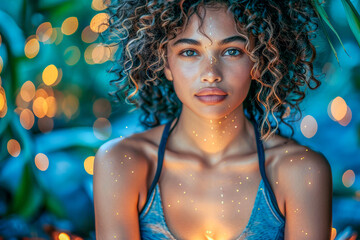 Curly-Haired Woman in Contemplative Sparkle