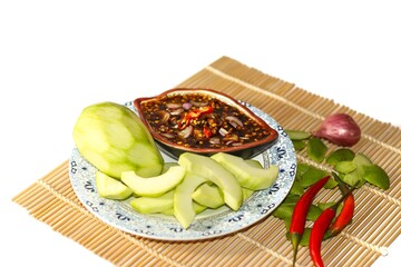 Spicy sauce and delicious with mango fruit slices on the table ready to eat looking delicious and tasty.
