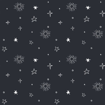 Monochrome seamless pattern with stars and sun. Space background. Space elements.