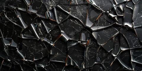 Shattered Black Glass Texture: Abstract Cracked Surface Background - obrazy, fototapety, plakaty