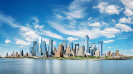 A Panoramic View of Jersey City Skyline with Landmarks and Hudson River Reflections - obrazy, fototapety, plakaty