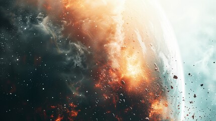 A vibrant outer space scene with a planet, stars, and nebulae. - obrazy, fototapety, plakaty