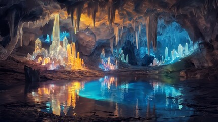 A mystical cavern illuminated by glowing crystals of every hue, where shimmering pools of water reflect the dazzling spectacle of stalactites and stalagmites stretching 