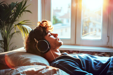 Man Meditating with Headphones Before Sleeping