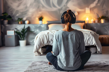 Woman Practicing Guided Meditation with Headphones at Home