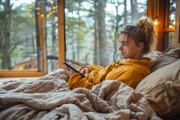 Relaxing Sleep Retreat: Woman with Tablet in Forest Cabin