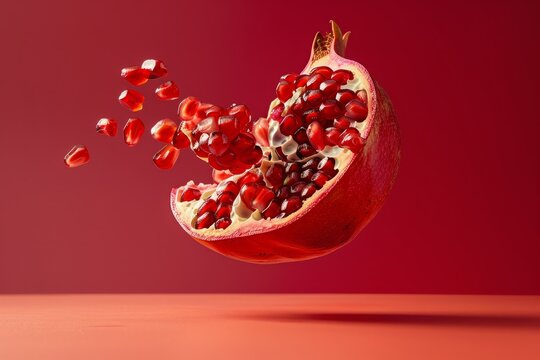 A close up of a red pomegranate with a few seeds falling out of it