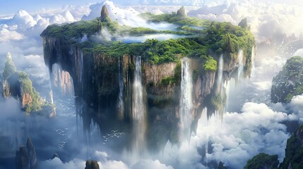 A breathtaking vista of a floating island shrouded in mist, with cascading waterfalls pouring over...