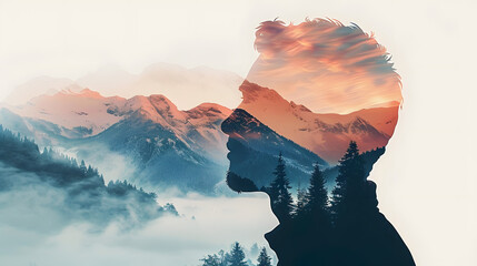 Double exposure combines a man's face, high mountains and forest. Panoramic view. The concept of the unity of nature and man. Dream, reminisce or plan a climb. Memory of a mountaineer. Illustration.