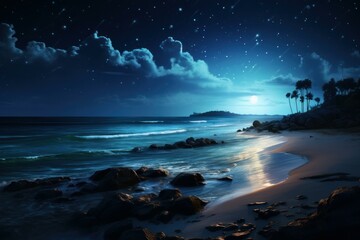 Fototapeta na wymiar Exotic Tropic night beach sea. Summer dark. Generate Ai
