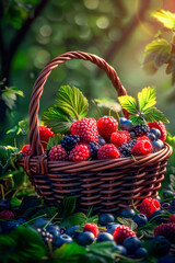 Fototapeta na wymiar different berries in a basket in the garden. selective focus.
