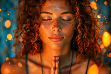 Meditative Woman with Freckles in Warm Light Ambiance