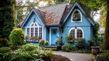 A cottage with a charming blue exterior and a flowers AI generated
