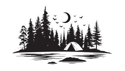Camping in nature, Tent, Forests, Hand drawn style, vector illustrations