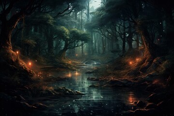 Eerie Night forest jungle. Wood creepy. Generate Ai