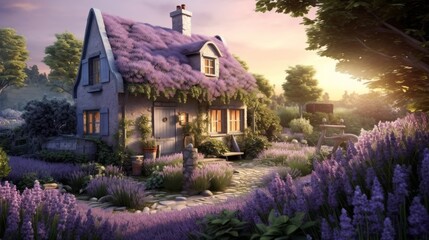 A cottage with a lavender exterior and a garden AI generated