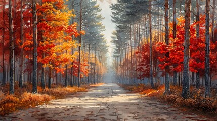 path through a forest of pine trees and red maple trees in the fall