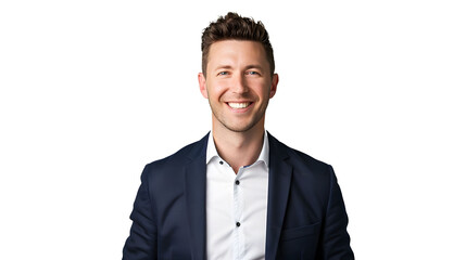  A photo of a male professional in a navy blue blazer, offering a comforting smile that exudes trust and reliability, his posture upright yet inviting, on a white backdrop. 
