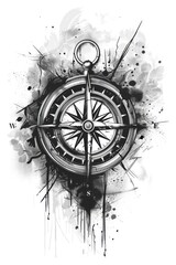 Detailed Black and White Drawing of a Compass