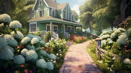 A cottage with a mint green exterior and a pathway AI generated