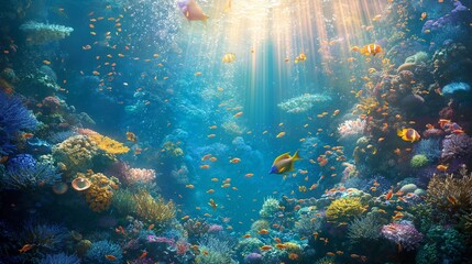 A mystical underwater kingdom, with shimmering coral reefs teeming with colorful fish and exotic sea creatures, illuminated by shafts of golden sunlight filtering through the ocean's depths