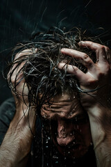 Naklejka premium a madman tears out the hair on his head. selective focus.
