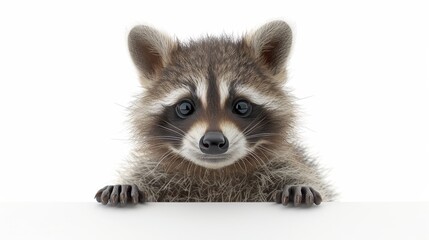 A baby raccoon with its hands on a ledge, looking at the camera with a curious expression