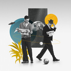 Collage with two men, one reading, plant elements, celestial bodies, geometric shapes, and vintage...