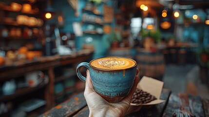 A close up of a hand holding a blue coffee cup with a latte inside of it. The background is blurry and shows a coffee shop.