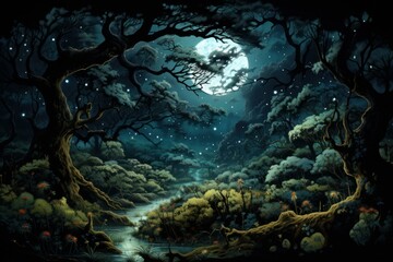 Haunting Night forest jungle moon. Nature black. Generate Ai