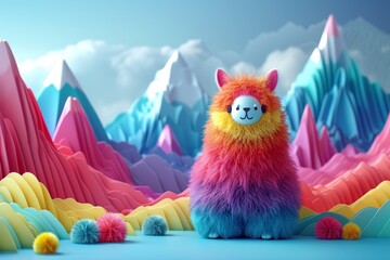 A llama made out of rainbow-colored fur sitting in a surreal landscape with pastel colored mountains and hills