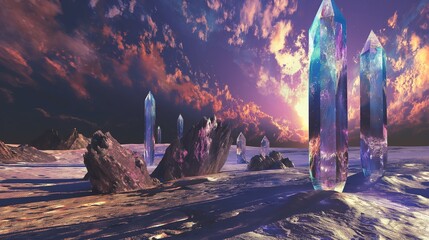 A surreal desert landscape dotted with towering crystal formations that shimmer with otherworldly colors in the light of a distant celestial body, casting long shadows across the alien terrain - obrazy, fototapety, plakaty
