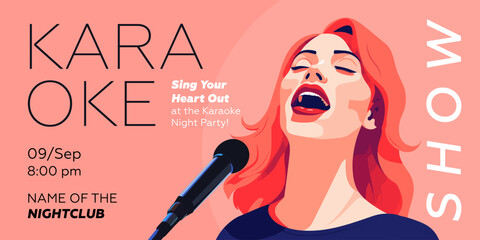 Karaoke party show banner. Music night club festival drawing art print. Woman sing song into mic. Musical event artwork placard template with singing person. Trendy typography cover vector eps design