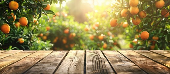 Substitute a wooden table for empty space to adorn, alongside orange trees bearing fruit under sunlight.