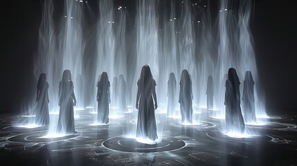 An ethereal gathering of women in white robes stand in a circle surrounded by a glowing energy field. - obrazy, fototapety, plakaty