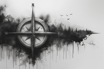 Black and White Compass Pointing North