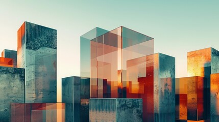 A cityscape with many tall buildings made of glass - obrazy, fototapety, plakaty