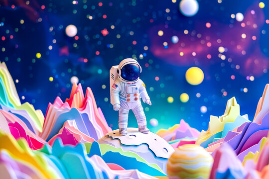 Paper outer Cute space adventure, astronauts and alien planets, exploratory and imaginative,Papercraft art style.