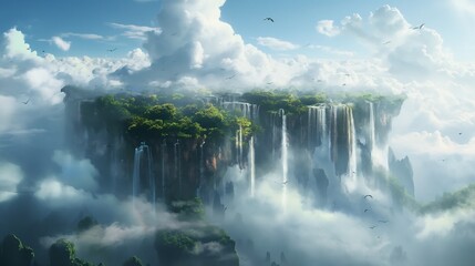 A breathtaking vista of a floating island shrouded in mist, with cascading waterfalls pouring over the sheer cliffs into crystal-clear pools below, surrounded by fluffy clouds and soaring birds - obrazy, fototapety, plakaty