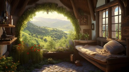 A cottage with a thatched roof and a cozy window AI generated - obrazy, fototapety, plakaty