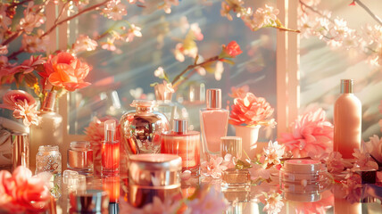 various cosmetics and flowers on the table. selective focus.