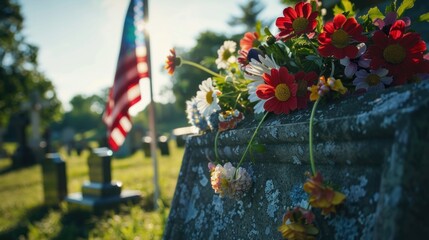 A close-up shot of a gravestone adorned with flowers and an American flag at a cemetery, serving as a reminder of the sacrifices made by veterans on Memorial Day and every day.