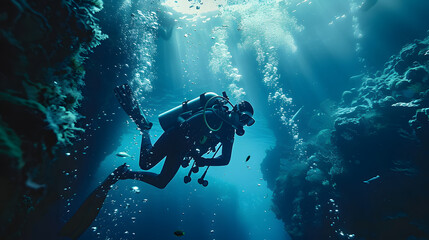 Adventurous scuba diver exploring the serene underwater world - obrazy, fototapety, plakaty